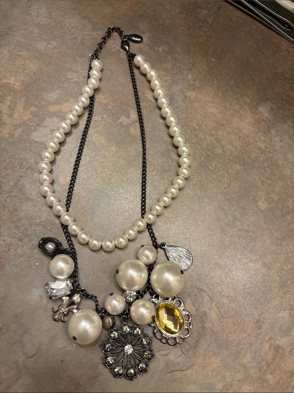 Layered Pearl Necklace with Yellow Gem and Charm Accents - White